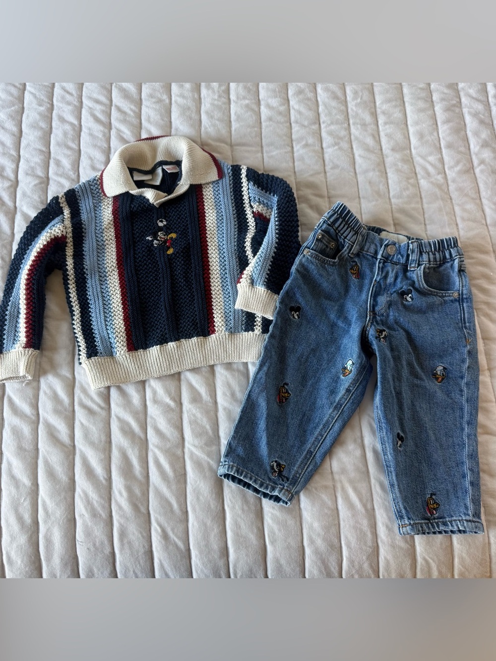 ZARA Disney Mickey Mouse bundle blue striped polo crochet sweater and jeans set